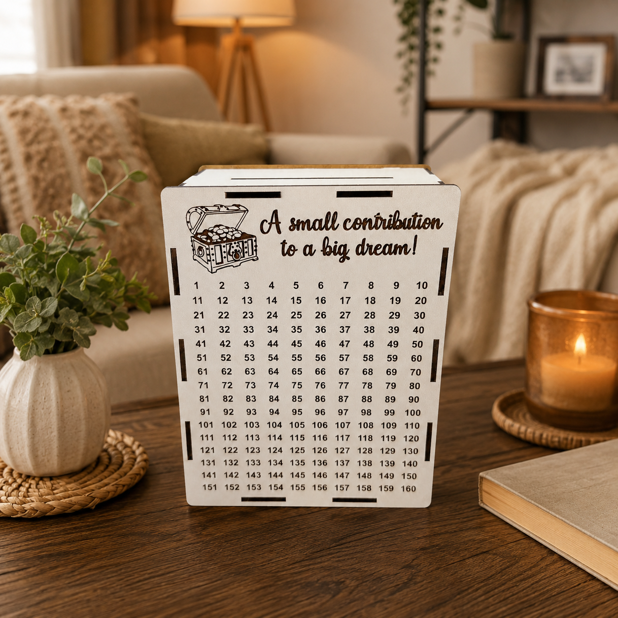 White wooden “A small contribution to a big dream!” savings piggy bank standing on a wooden table in a cozy home interior with warm lighting, a candle, and soft decor.
