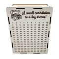 White wooden savings piggy bank with “A small contribution to a big dream!” engraving, treasure chest illustration, and a numbered savings tracker from 1 to 160.
