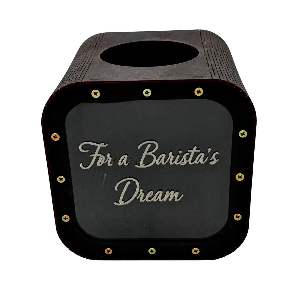 Dark wooden tip savings box with a rounded top, coin slot, transparent front panel, gold screws, and engraved text “For a Barista’s Dream”.