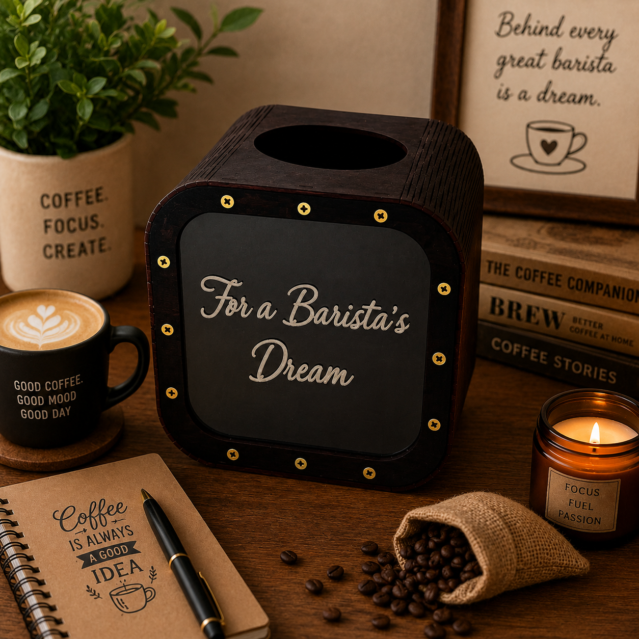 Dark wooden “For a Barista’s Dream” tip savings box standing on a wooden table in a cozy coffee-themed interior with a latte cup, coffee beans, candle, notebook, plant, and warm lighting.