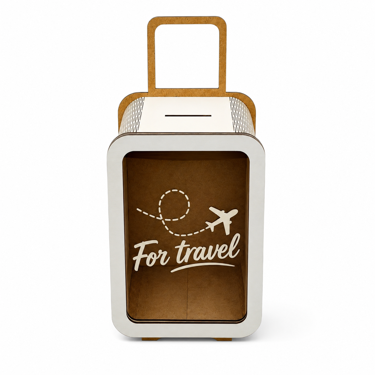 “For Travel” Engraved Money Box | Wooden Suitcase Money Box, 30×15×14 cm
