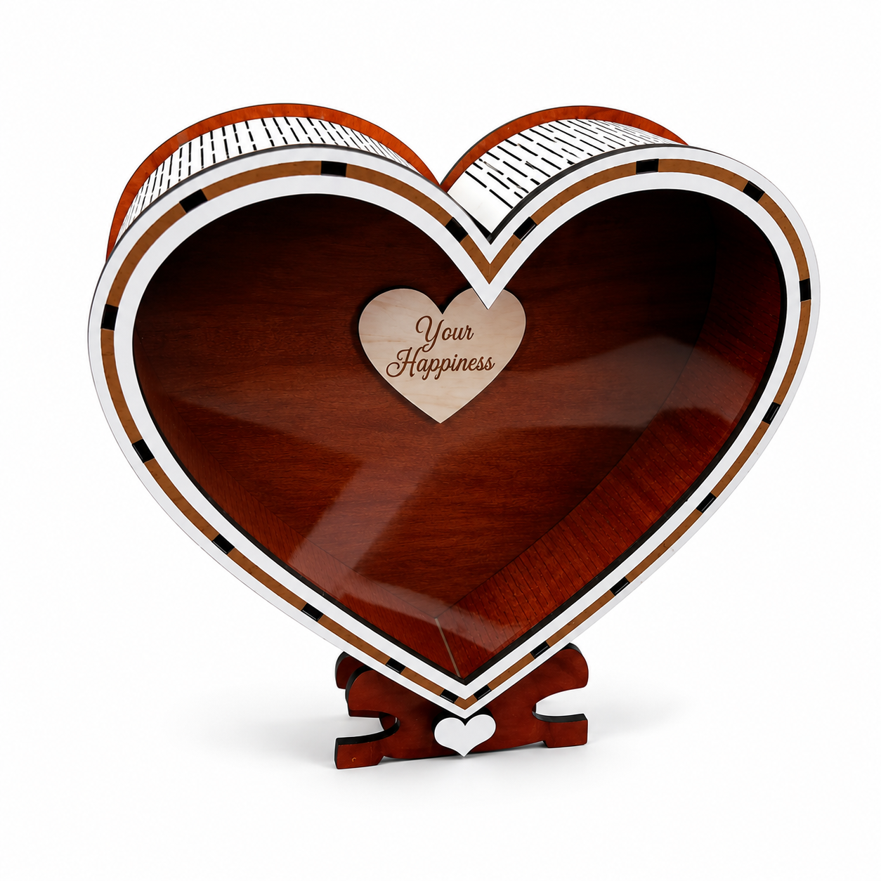 “Shared Dream” Money Box | Heart-shaped wooden box with a clear acrylic lid, 18.5×21.5×8 cm