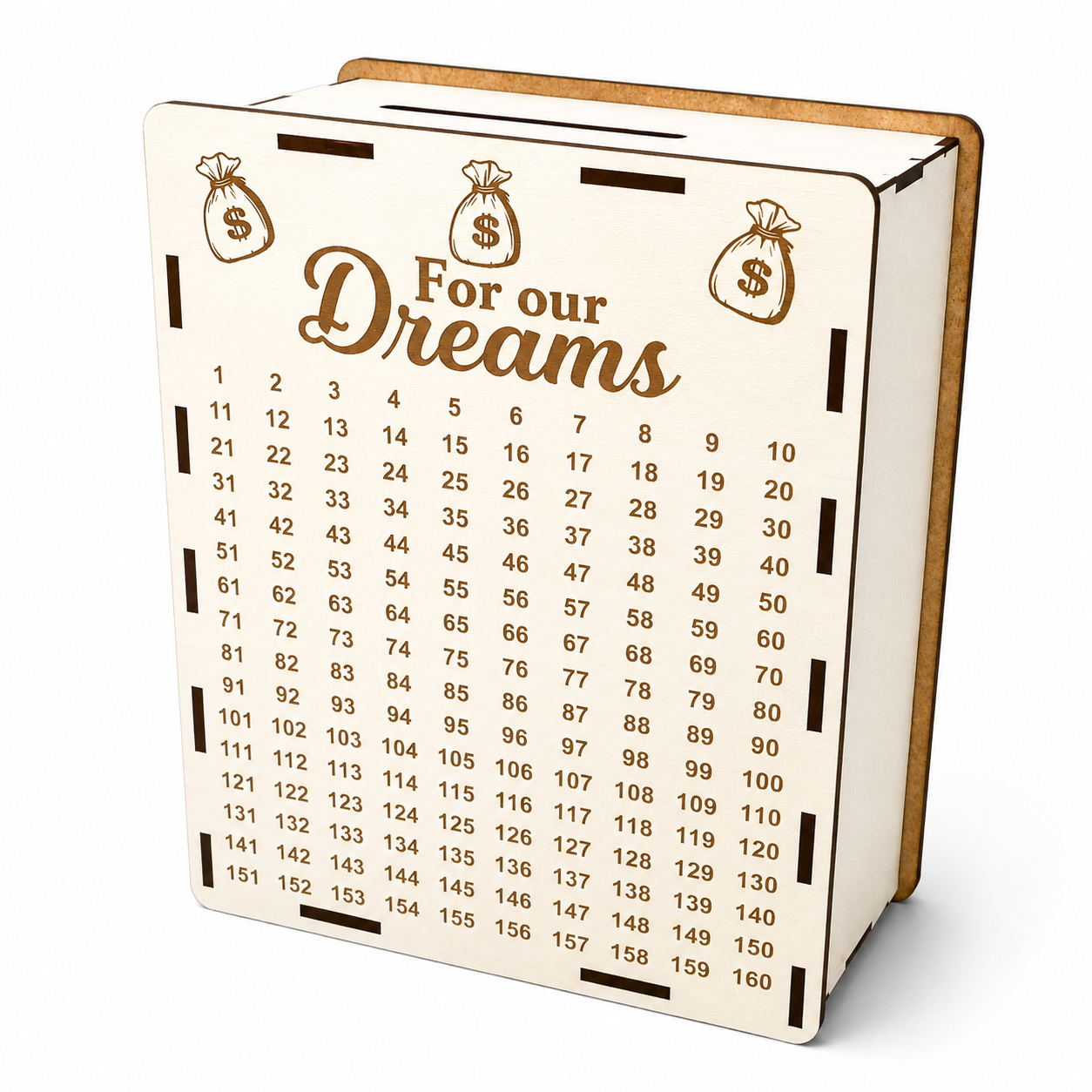 365-Day Piggy Bank “Money Bag” | White Wooden Piggy Bank for Saving (L, 30×20×10 cm)