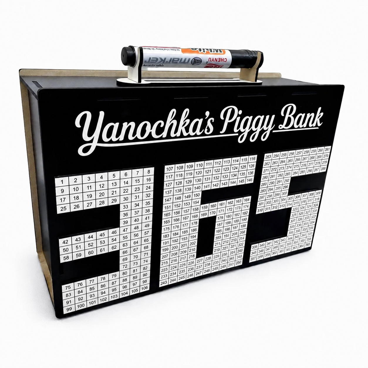 “365 Days Suitcase” Piggy Bank | Black wooden gift piggy bank with a marker for saving