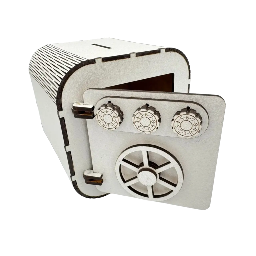 White wooden safe-style money box with a coin slot, rounded top, open front door, combination dials, and a decorative vault wheel design.