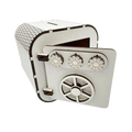 White wooden safe-style money box with a coin slot, rounded top, open front door, combination dials, and a decorative vault wheel design.
