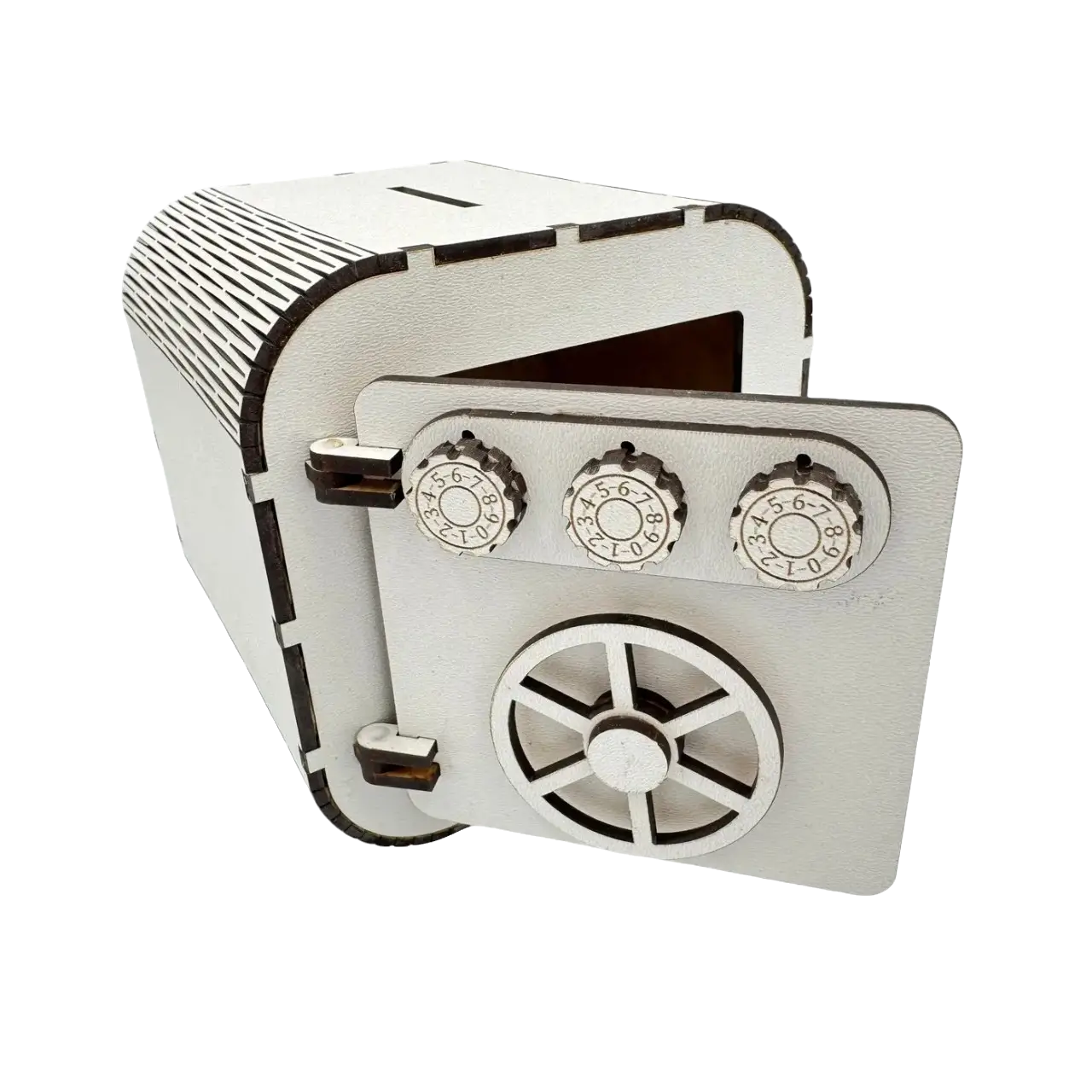 White wooden safe-style money box with a coin slot, rounded top, open front door, combination dials, and a decorative vault wheel design.