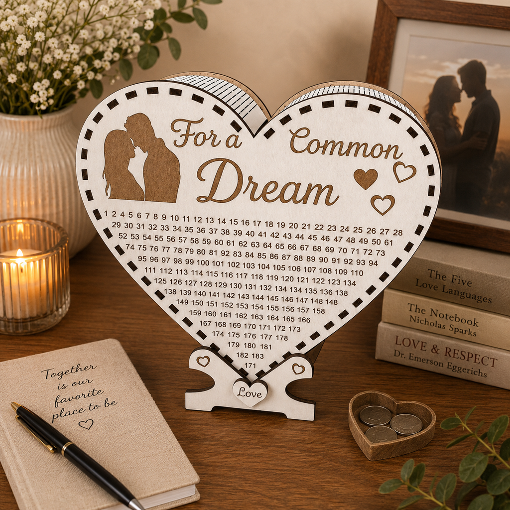 Heart-shaped “For a Common Dream” wooden savings box standing on a wooden table in a romantic cozy home interior with candles, flowers, books, and warm soft lighting.