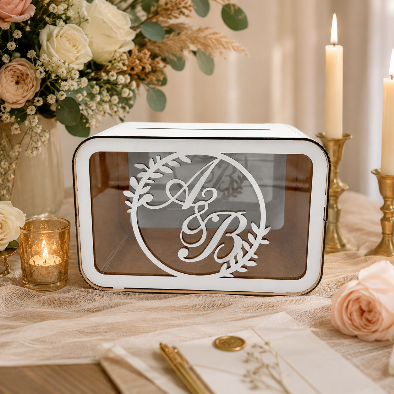 Personalized wedding envelope money box standing in an elegant romantic setting with soft decor, designed for cash gifts, greeting cards, and wedding table display.