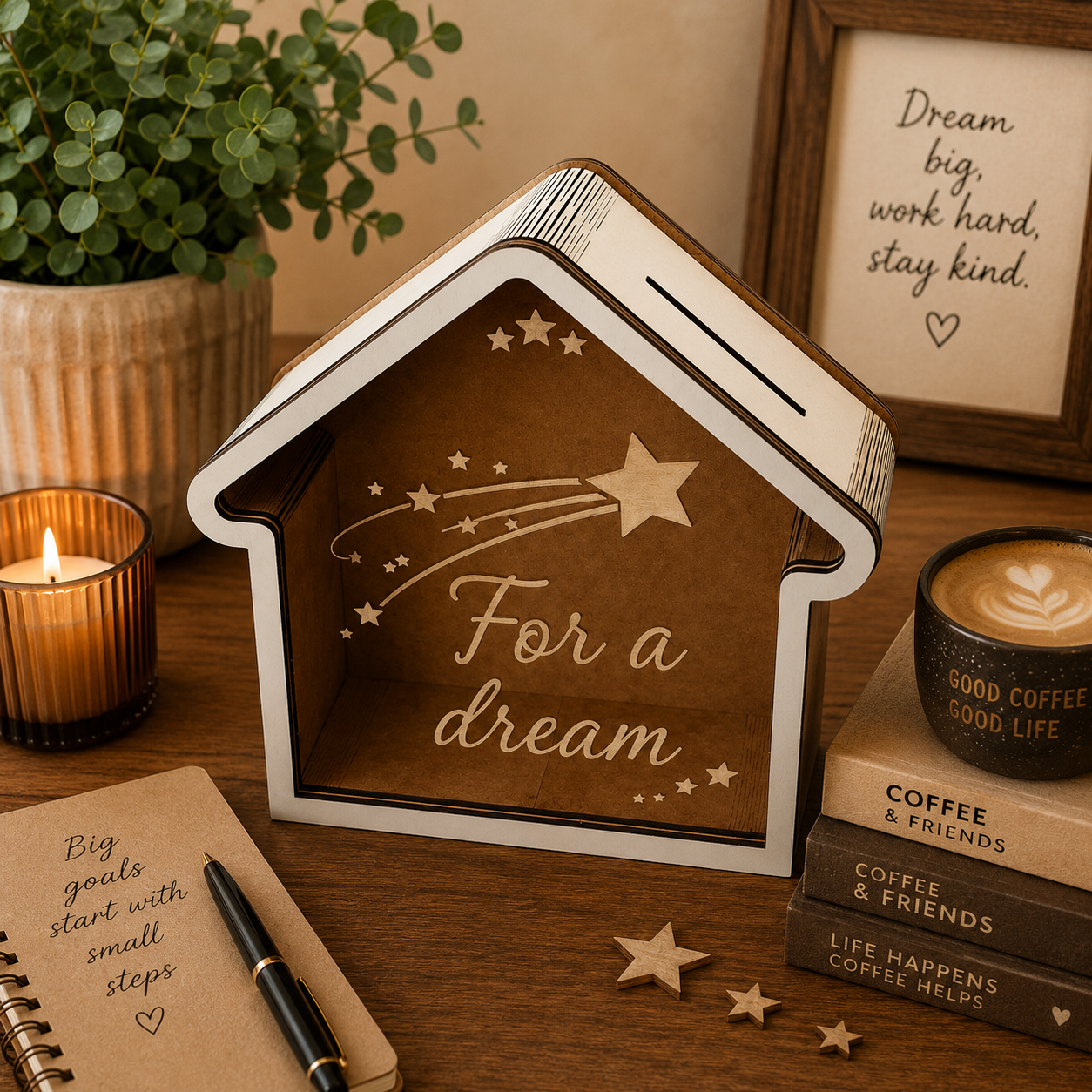 House-shaped “For a dream” wooden savings box standing in a cozy home interior with warm lighting, soft decor, plants, and a peaceful inspirational atmosphere.