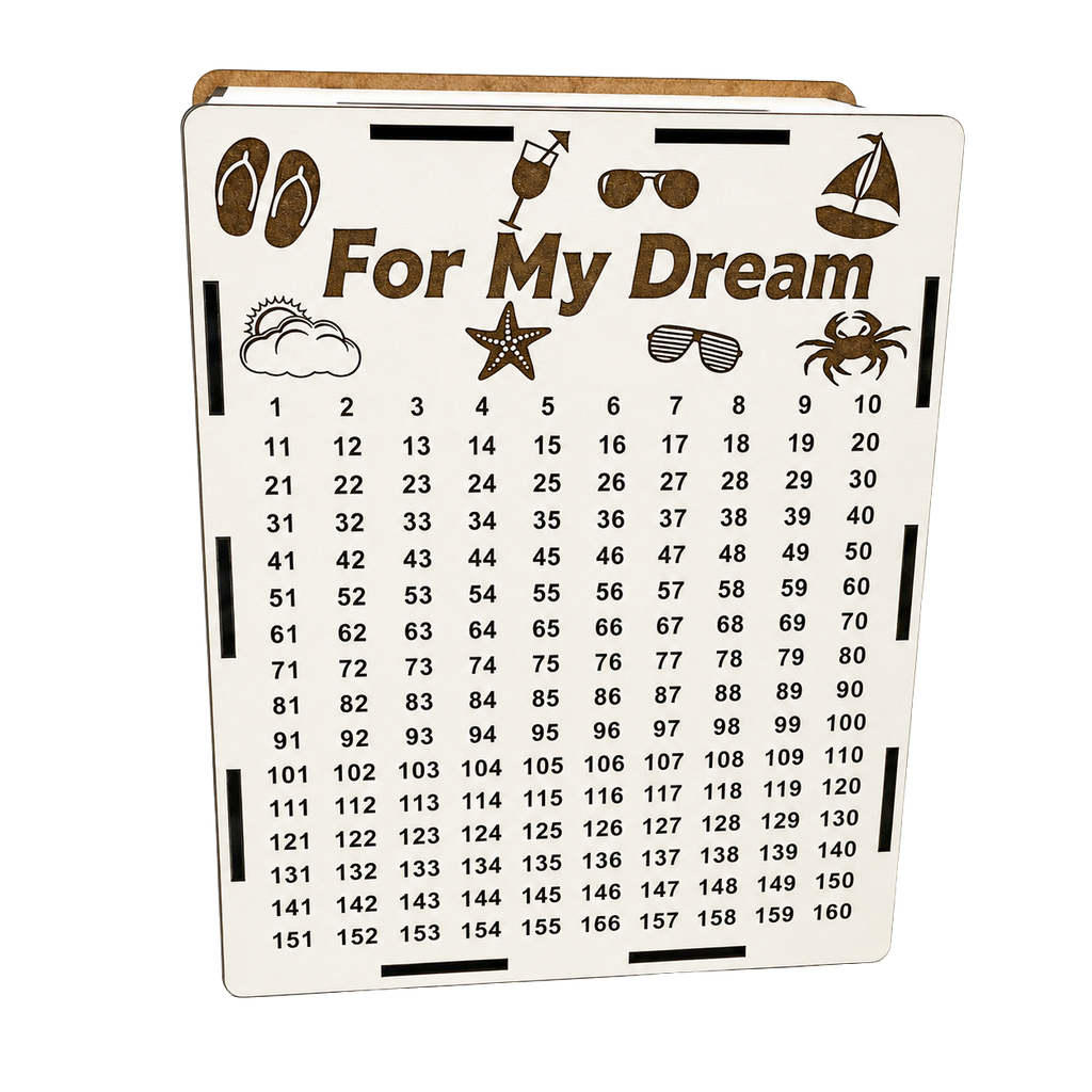 White wooden savings piggy bank with “For My Dream” engraving, vacation icons, beach illustrations, and a numbered savings tracker from 1 to 160.