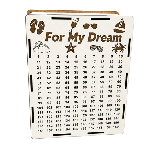 White wooden savings piggy bank with “For My Dream” engraving, vacation icons, beach illustrations, and a numbered savings tracker from 1 to 160.