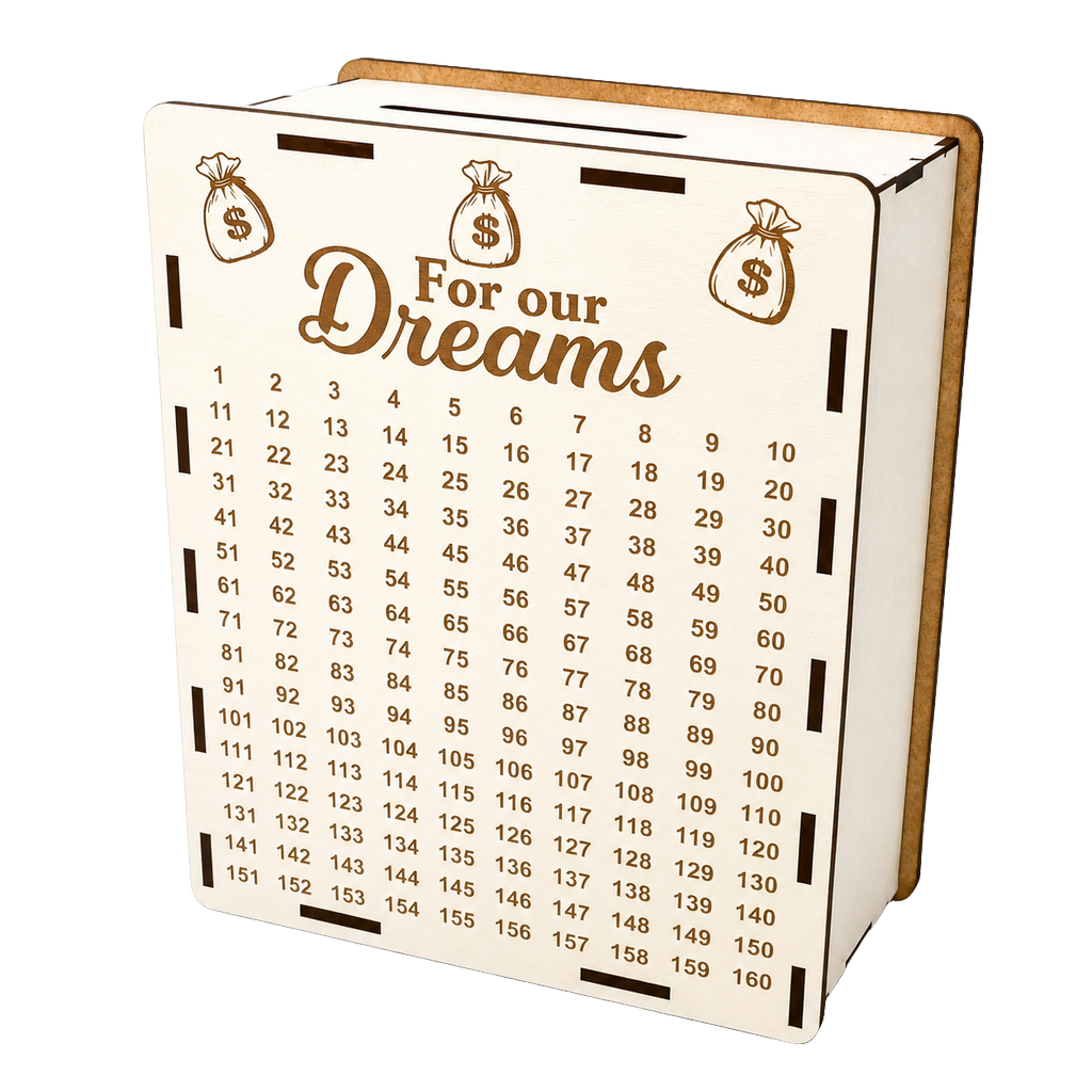 White wooden savings piggy bank with “For our Dreams” engraving, money bag illustrations, and a numbered savings tracker from 1 to 160
