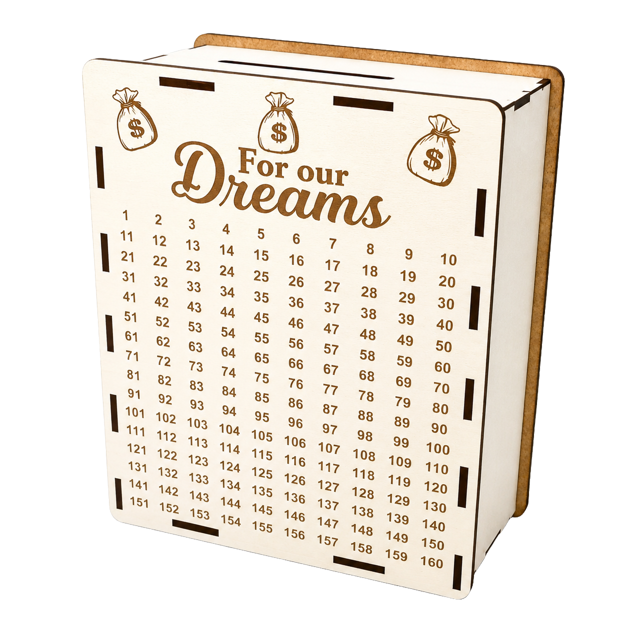 White wooden savings piggy bank with “For our Dreams” engraving, money bag illustrations, and a numbered savings tracker from 1 to 160