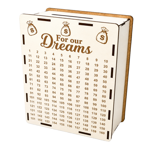 White wooden savings piggy bank with “For our Dreams” engraving, money bag illustrations, and a numbered savings tracker from 1 to 160