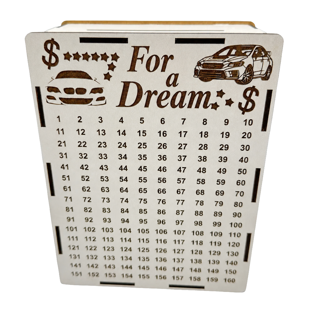 White wooden savings piggy bank with “For a Dream” engraving, car illustrations, dollar signs, stars, and a numbered savings tracker from 1 to 160.