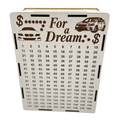White wooden savings piggy bank with “For a Dream” engraving, car illustrations, dollar signs, stars, and a numbered savings tracker from 1 to 160.