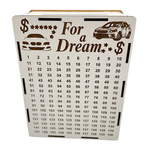 White wooden savings piggy bank with “For a Dream” engraving, car illustrations, dollar signs, stars, and a numbered savings tracker from 1 to 160.