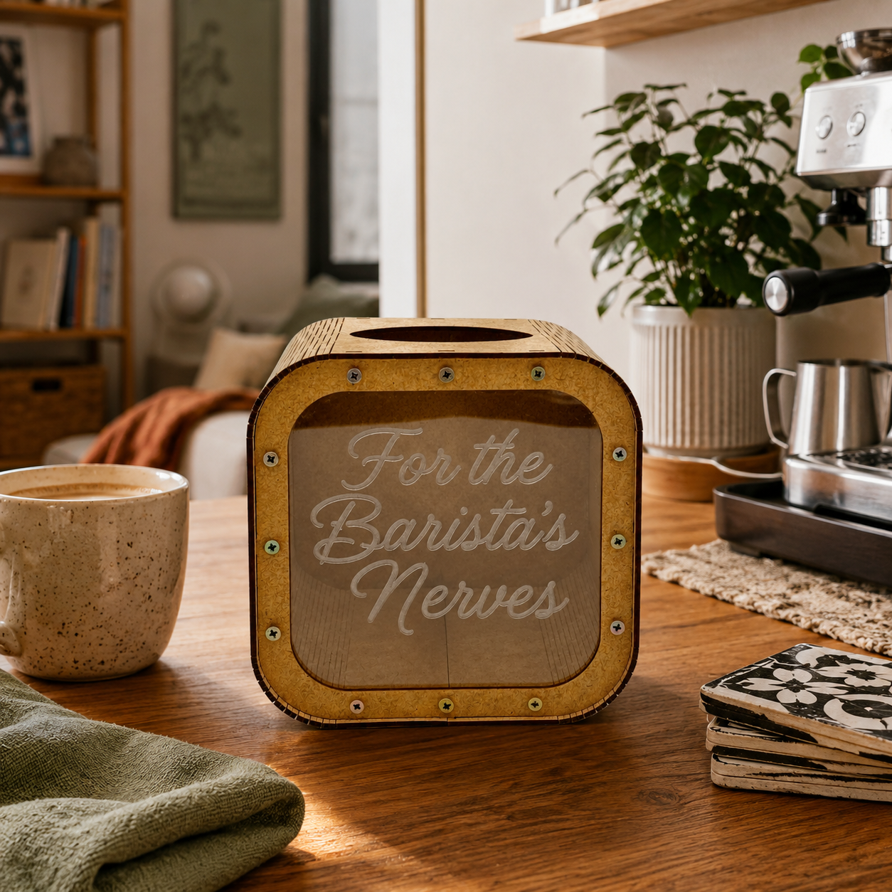 Wooden “For the Barista’s Nerves” tip jar standing on a wooden table in a cozy home coffee corner with a mug, espresso machine, and warm decor.
