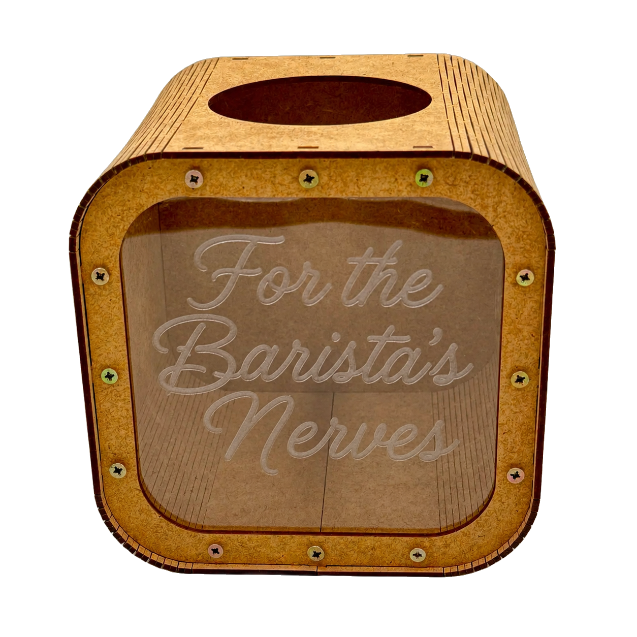 Wooden tip jar with a clear front panel and engraved text “For the Barista’s Nerves”, designed for tips or small cash contributions.