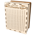 Light wooden savings box with “For our Dreams” engraving, house and car illustrations, and a numbered savings tracker from 1 to 360.