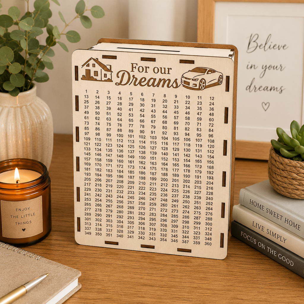 Light wooden “For our Dreams” savings box standing on a wooden table in a warm cozy home interior with a candle, plants, books, and soft natural light.
