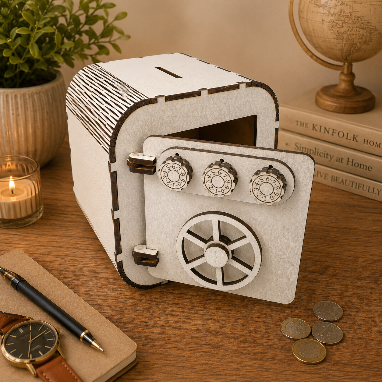 White wooden safe-style savings box standing on a wooden table in a cozy home office setting with a candle, plant, globe, notebook, coins, and warm lighting.