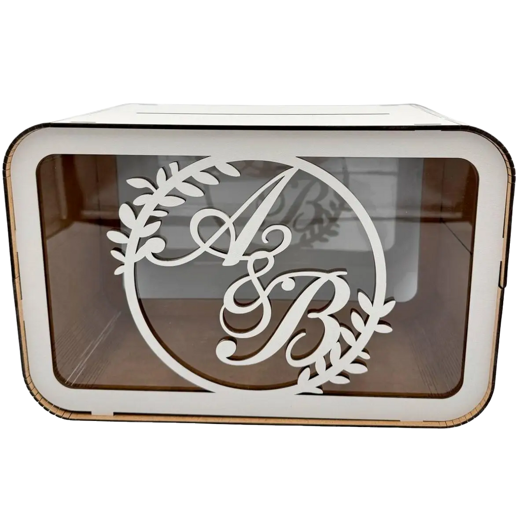 Personalized white wooden and acrylic wedding money box with initials, designed for collecting envelopes, cards, and cash gifts at a wedding celebration.