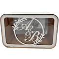 Personalized white wooden and acrylic wedding money box with initials, designed for collecting envelopes, cards, and cash gifts at a wedding celebration.