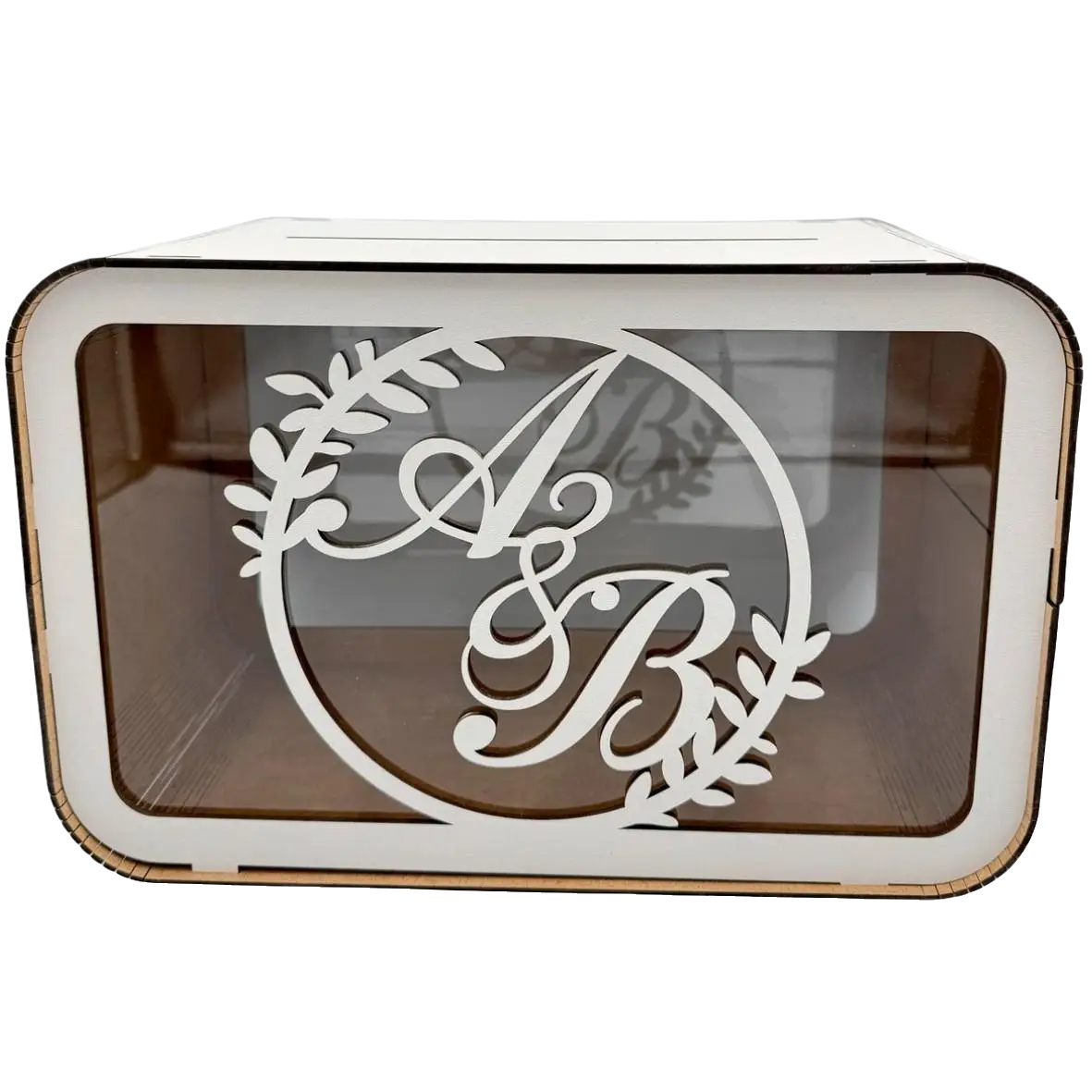 Personalized white wooden and acrylic wedding money box with initials, designed for collecting envelopes, cards, and cash gifts at a wedding celebration.
