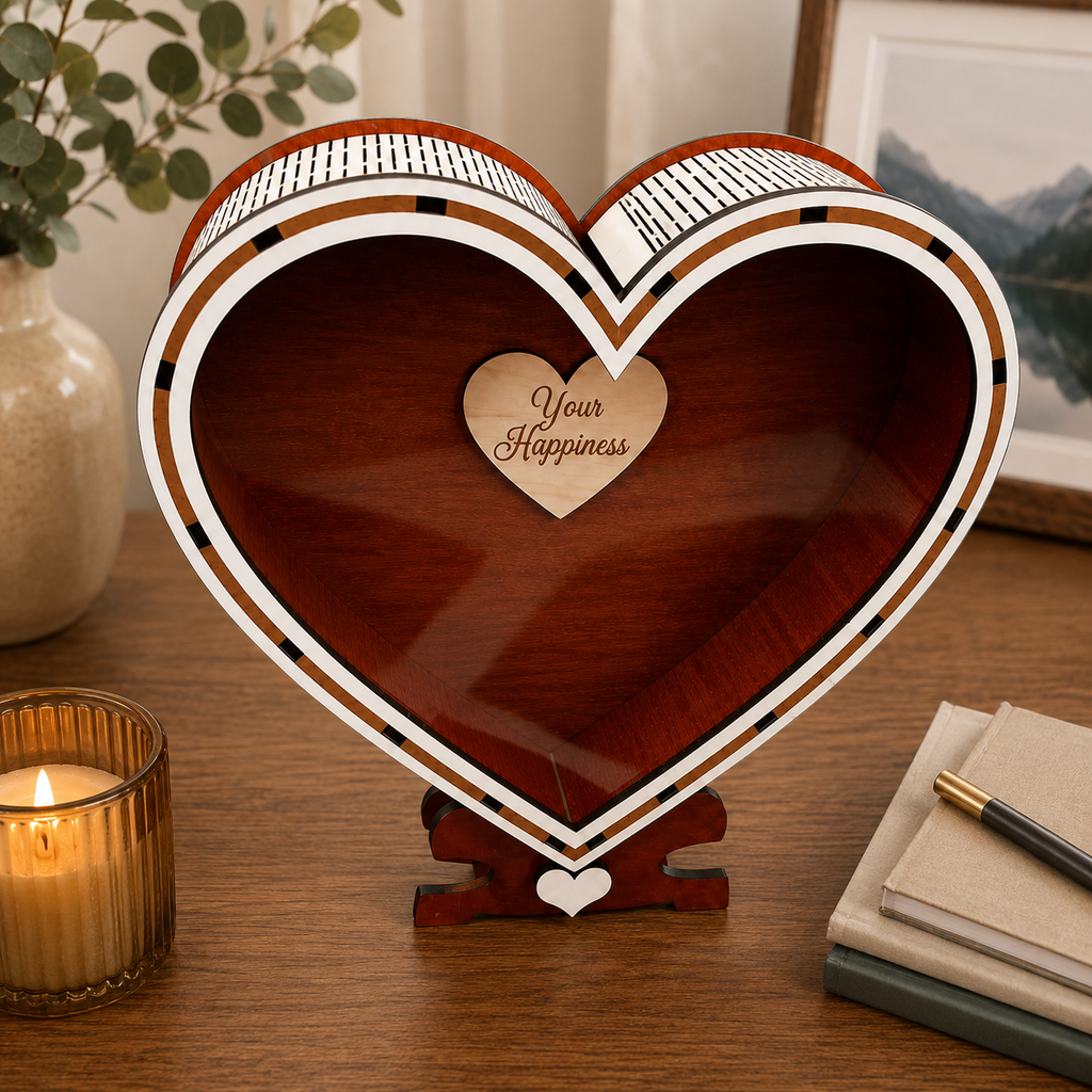 Heart-shaped wooden “Your Happiness” savings box standing on a wooden table in a warm cozy home interior with soft lighting, books, plants, and romantic decor.