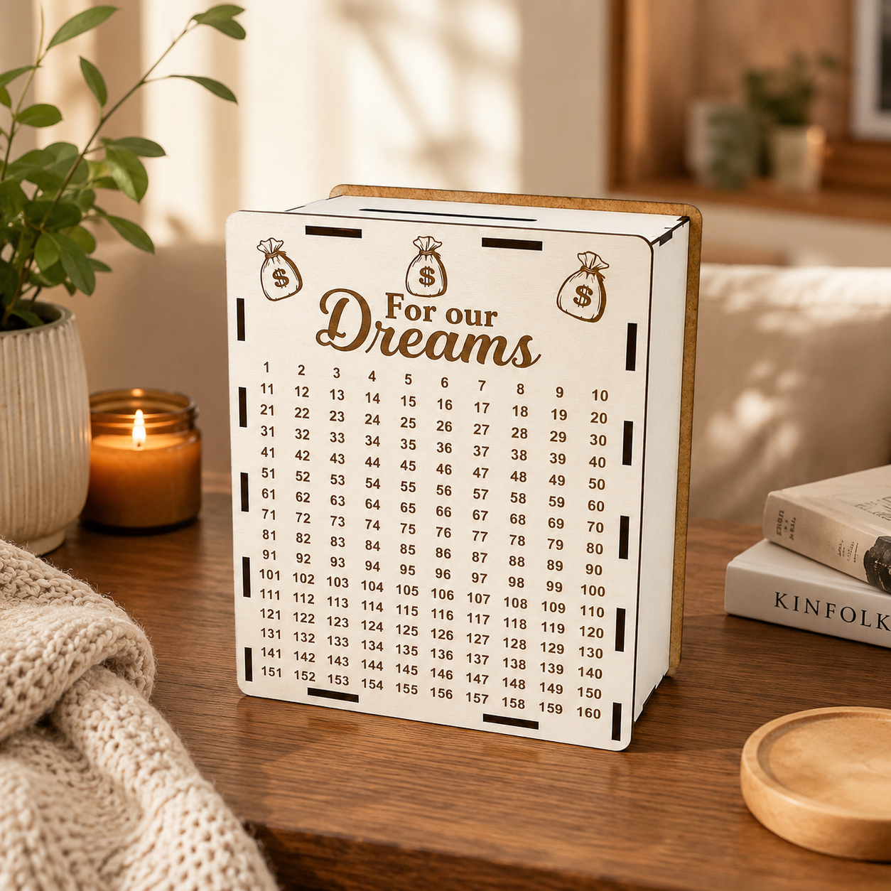 White wooden “For our Dreams” savings piggy bank standing on a wooden table in a warm cozy home interior with a candle, plant, books, and soft natural light.