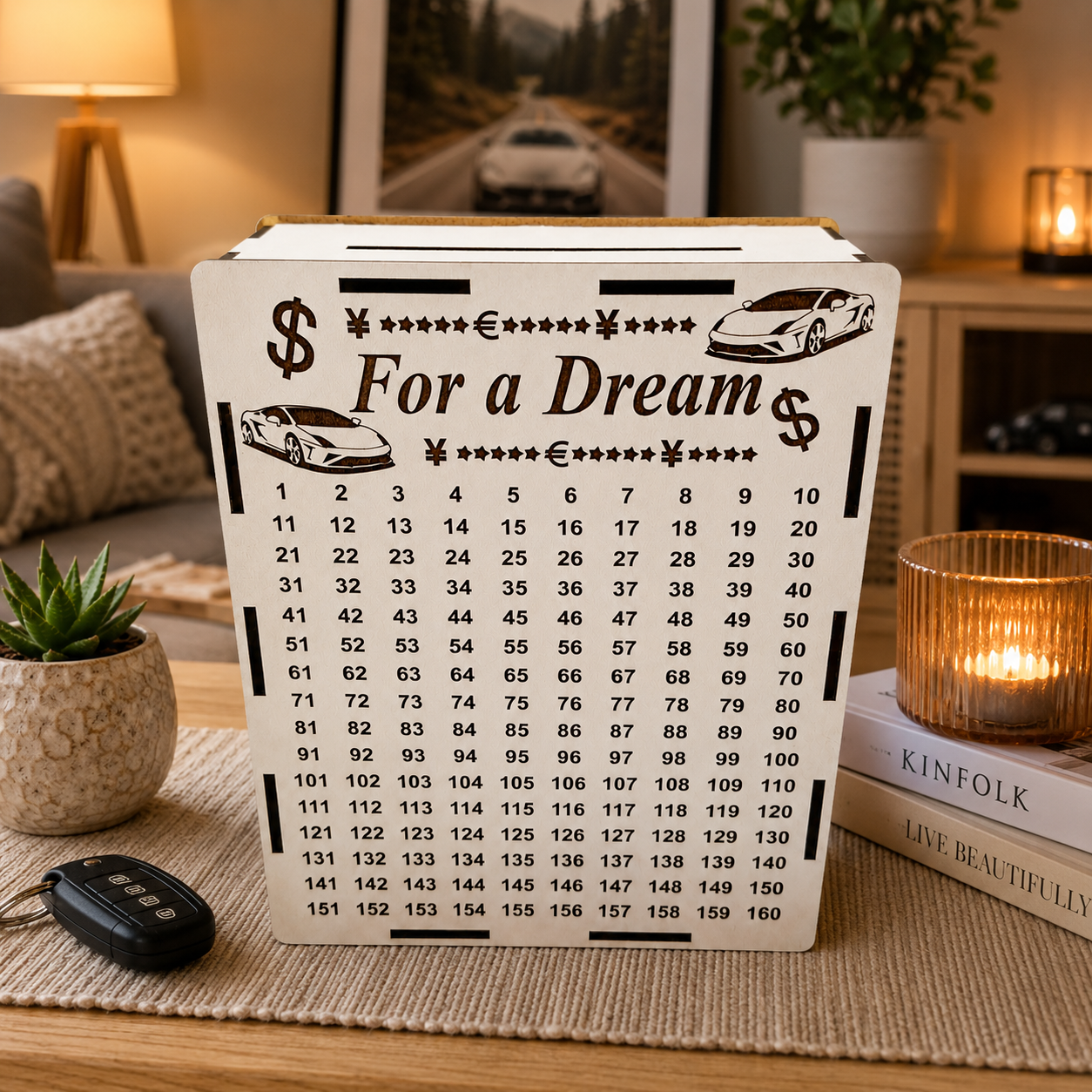 White wooden “For a Dream” sports car savings piggy bank standing on a coffee table in a cozy modern living room with warm lighting, books, car keys, and home decor.