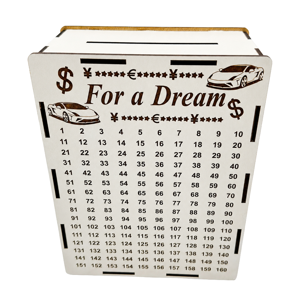 White wooden savings piggy bank with “For a Dream” engraving, sports car illustrations, currency symbols, stars, and a numbered savings tracker from 1 to 160.