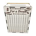 White wooden savings piggy bank with “For a Dream” engraving, sports car illustrations, currency symbols, stars, and a numbered savings tracker from 1 to 160.