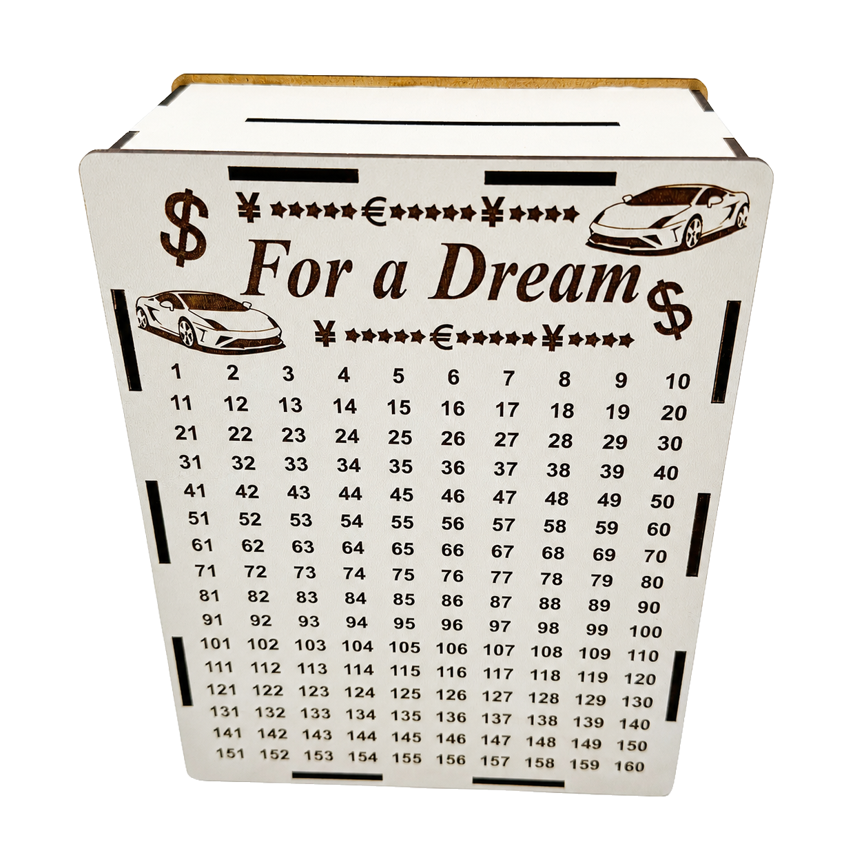 White wooden savings piggy bank with “For a Dream” engraving, sports car illustrations, currency symbols, stars, and a numbered savings tracker from 1 to 160.