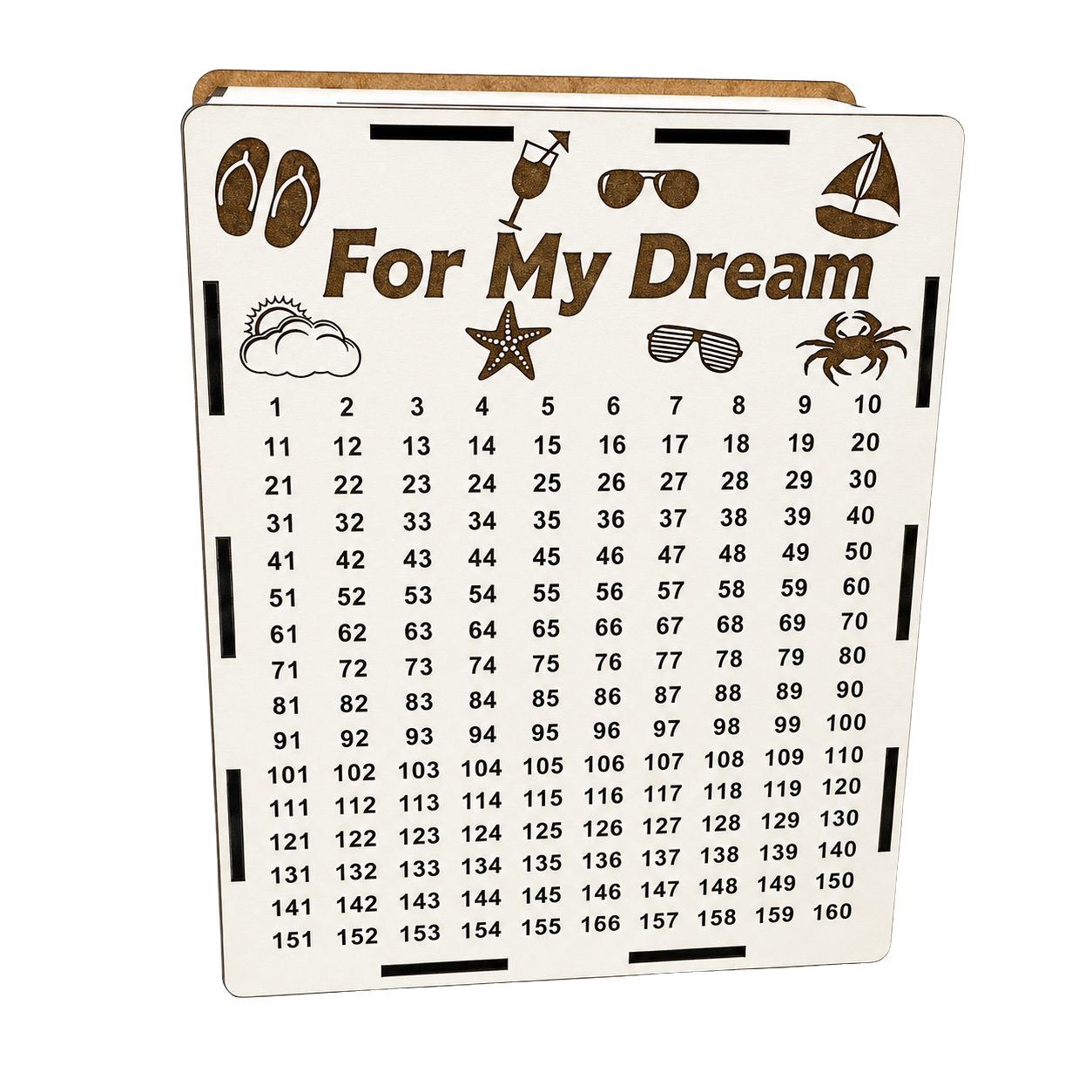 White wooden savings piggy bank with “For My Dream” engraving, vacation-themed icons, and a numbered savings tracker from 1 to 160.