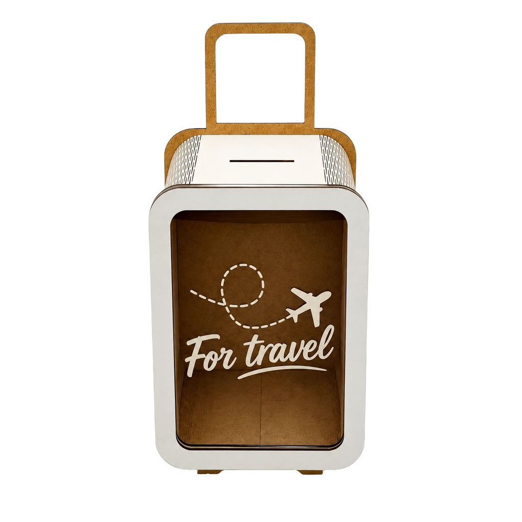 Suitcase-shaped wooden travel savings box with a handle, transparent front panel, coin slot, and white “For travel” airplane engraving.