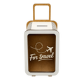 Suitcase-shaped wooden travel savings box with a handle, transparent front panel, coin slot, and white “For travel” airplane engraving.