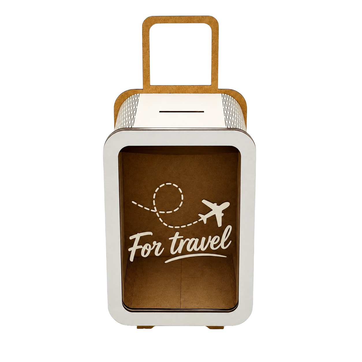 Suitcase-shaped wooden travel savings box with a handle, transparent front panel, coin slot, and white “For travel” airplane engraving.