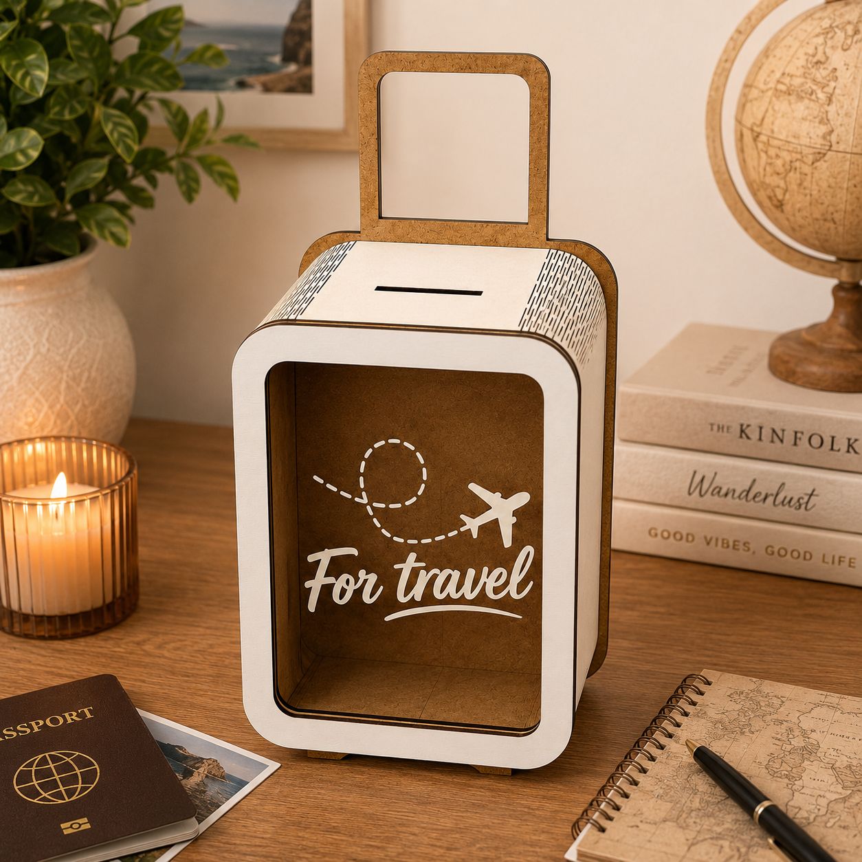 Suitcase-shaped “For travel” wooden savings box standing on a wooden table in a cozy travel-inspired interior with a passport, map notebook, globe, candle, plants, and warm lighting.