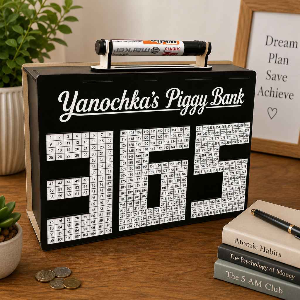 Black “Yanochka’s Piggy Bank” savings box standing on a wooden table in a cozy home workspace with a candle, plant, notebook, coins, and warm decor.