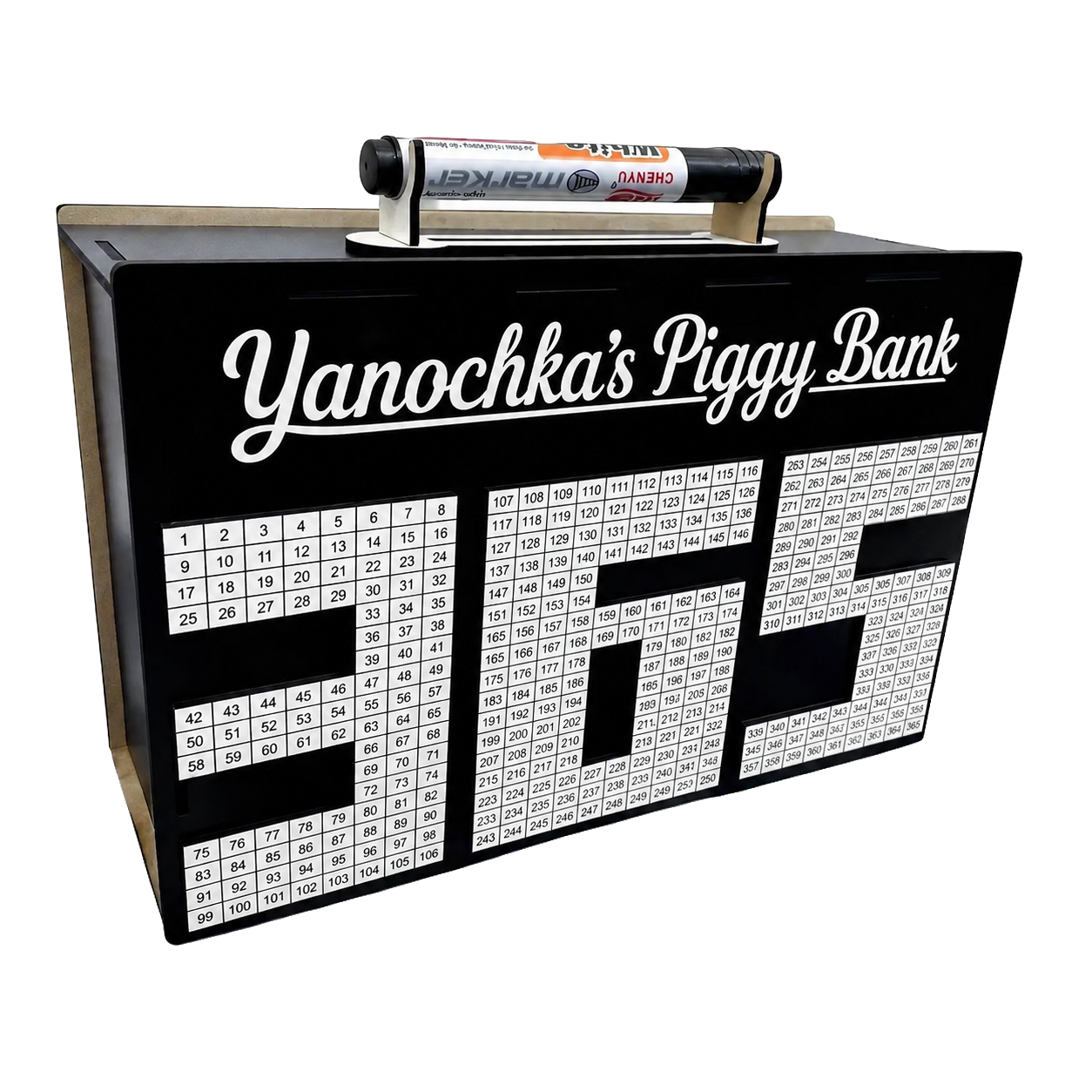 Black personalized savings box with “Yanochka’s Piggy Bank” lettering, a large 365-style numbered savings tracker, white number squares, and a marker holder on top.