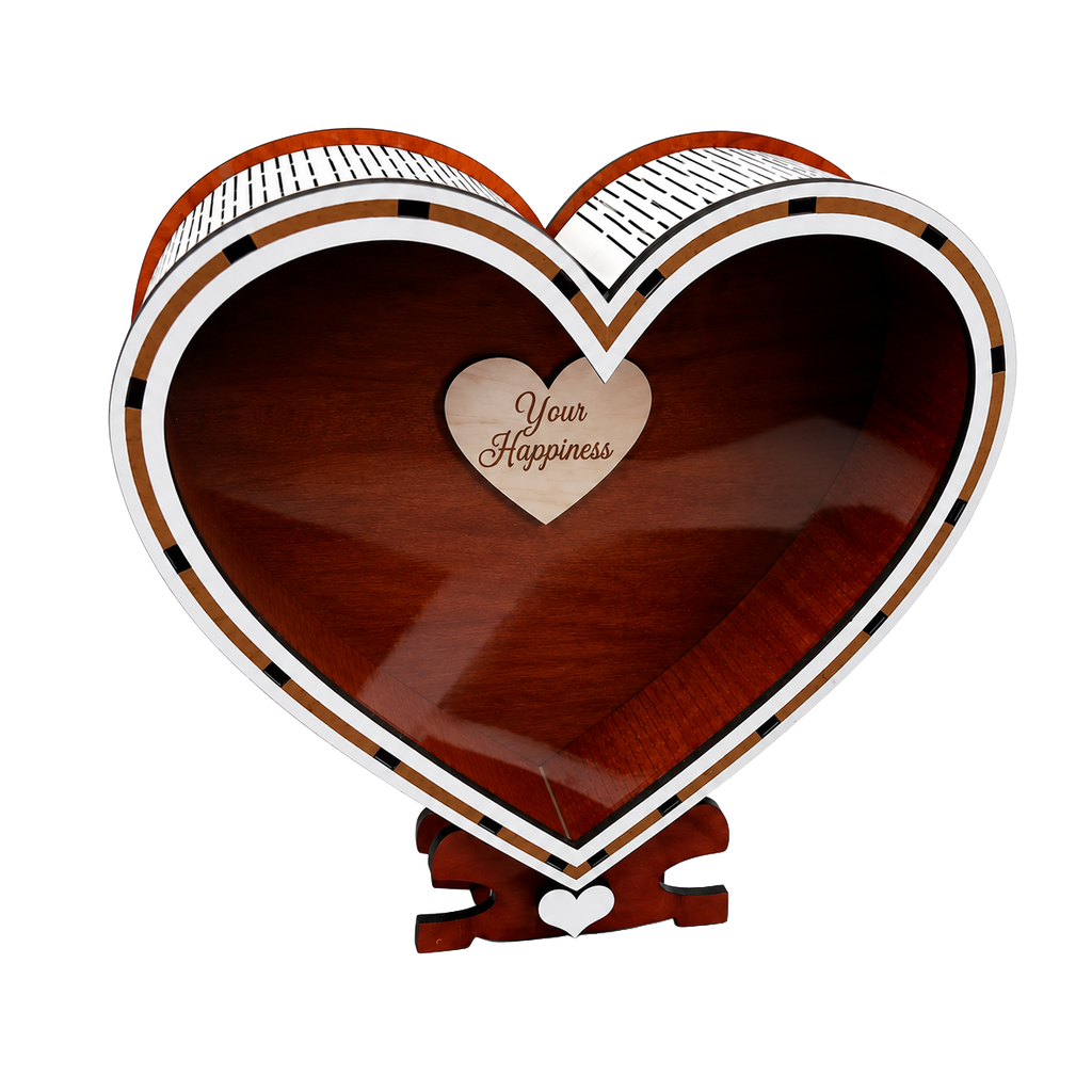 Heart-shaped wooden savings box with a glossy transparent front, reddish-brown wood finish, white decorative trim, and a small engraved heart reading “Your Happiness”.