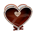 Heart-shaped wooden savings box with a glossy transparent front, reddish-brown wood finish, white decorative trim, and a small engraved heart reading “Your Happiness”.