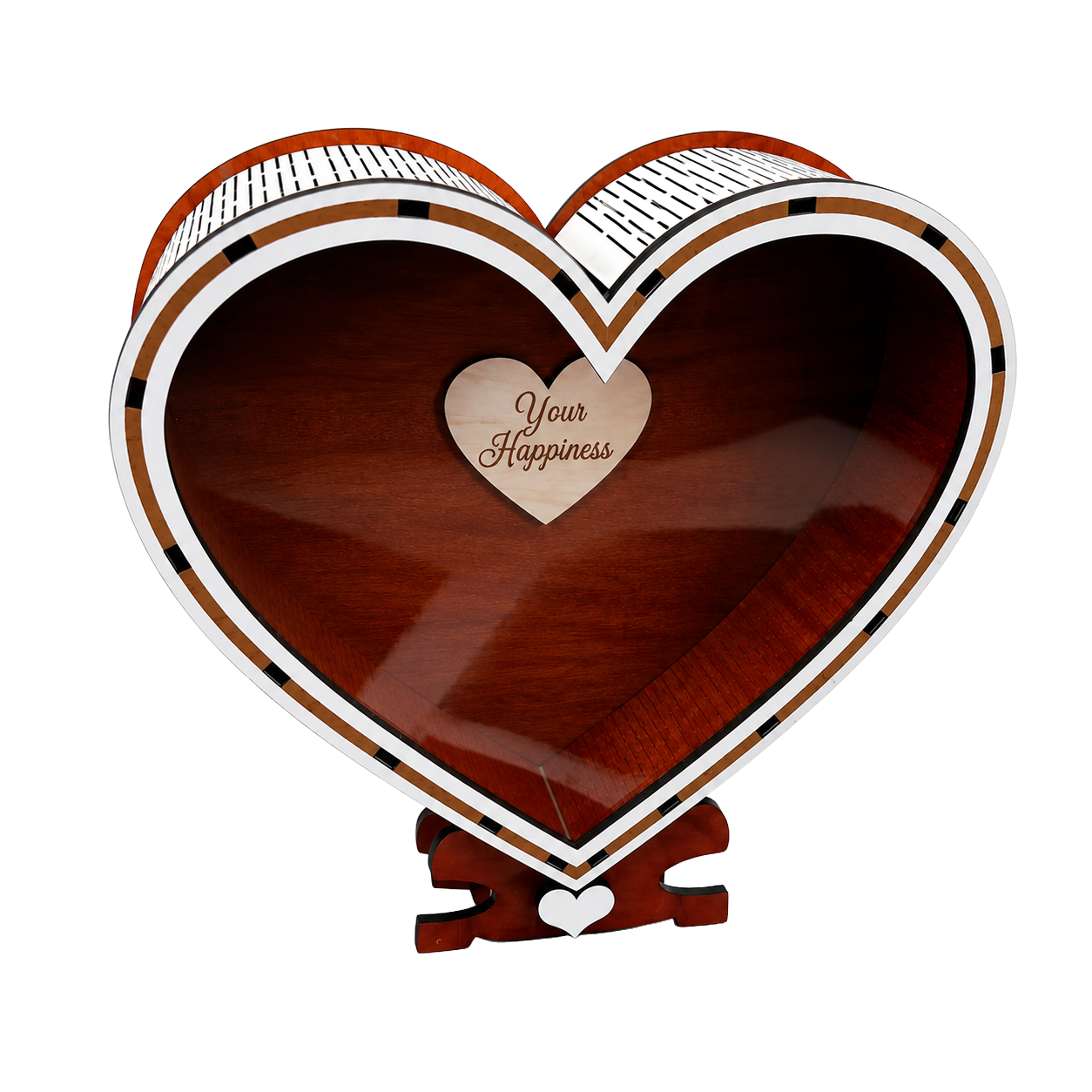 Heart-shaped wooden savings box with a glossy transparent front, reddish-brown wood finish, white decorative trim, and a small engraved heart reading “Your Happiness”.