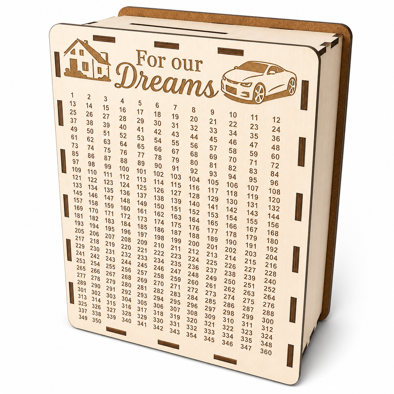 365-Day “Car and Home” Piggy Bank | White Wooden Money Box (M, 20×13×7 cm)